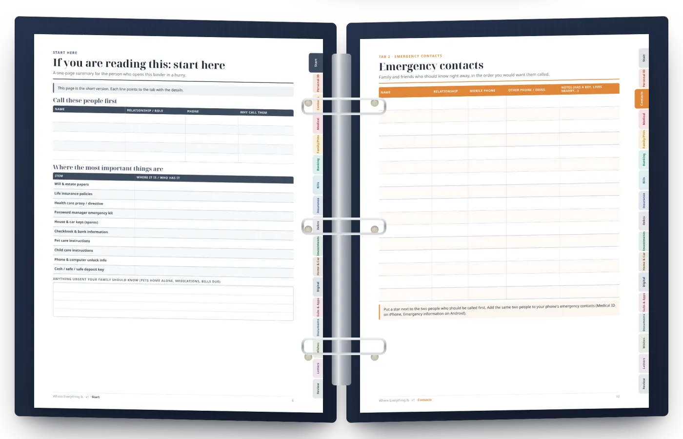 Mockup of the binder open on its rings: the 'If you are reading this: start here' page on the left and the Emergency contacts page on the right, both blank and ready to fill.