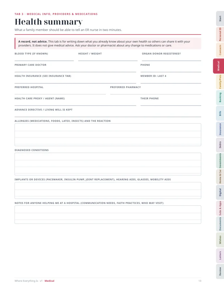 Health summary page with fields for blood type, doctors, insurance, allergies and conditions.